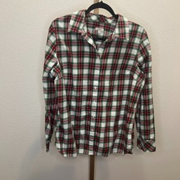 TALBOTS Button Down Shirt White Red Green Plaid Size LP Petite - Picture 1 of 5
